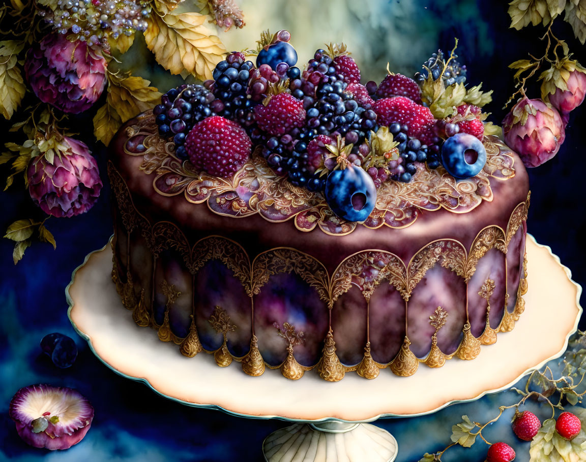 Elaborate gold filigree cake with berries and flowers on dark background