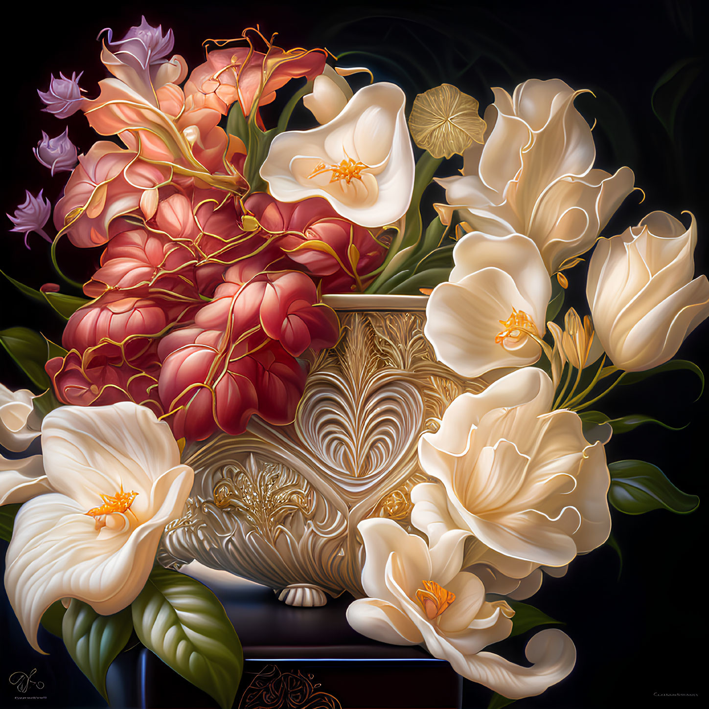 Digital artwork: Lustrous oversized flower bouquet in white, peach, and red with golden details on