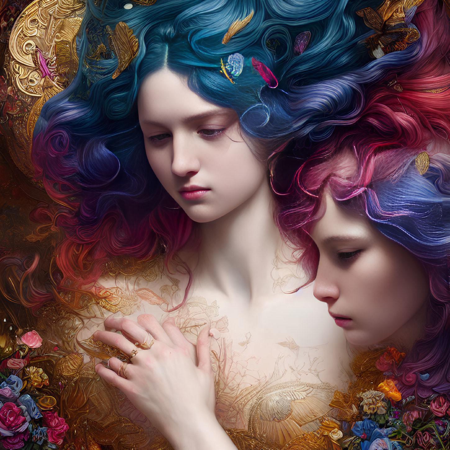 Two women with colorful, wavy hair and floral patterns, one pensive, the other resting head