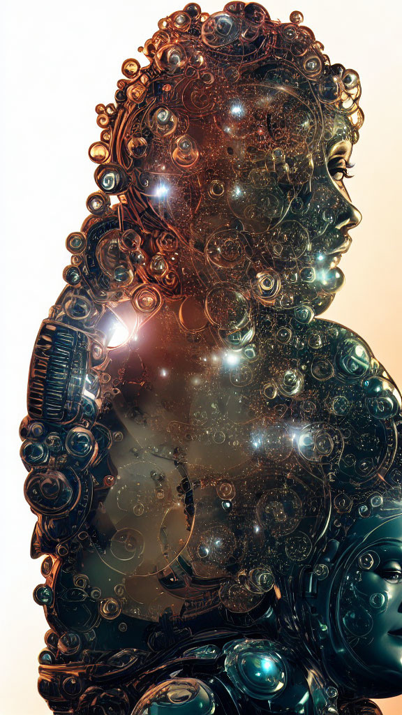 Intricate mechanical and cosmic elements in female figure's profile