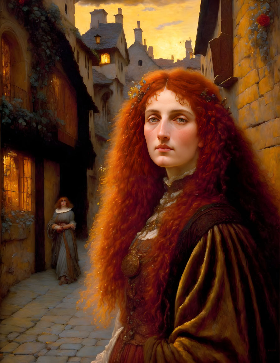 Historical painting of red-haired woman in old European alleyway