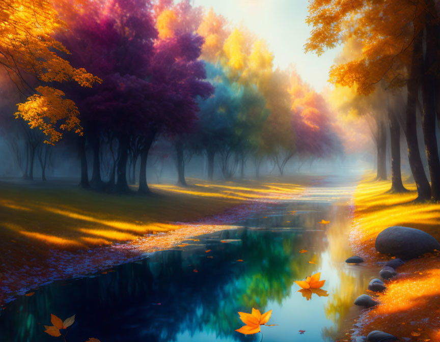 Tranquil autumn landscape with colorful trees, calm river, fallen leaves, and soft sunlight.