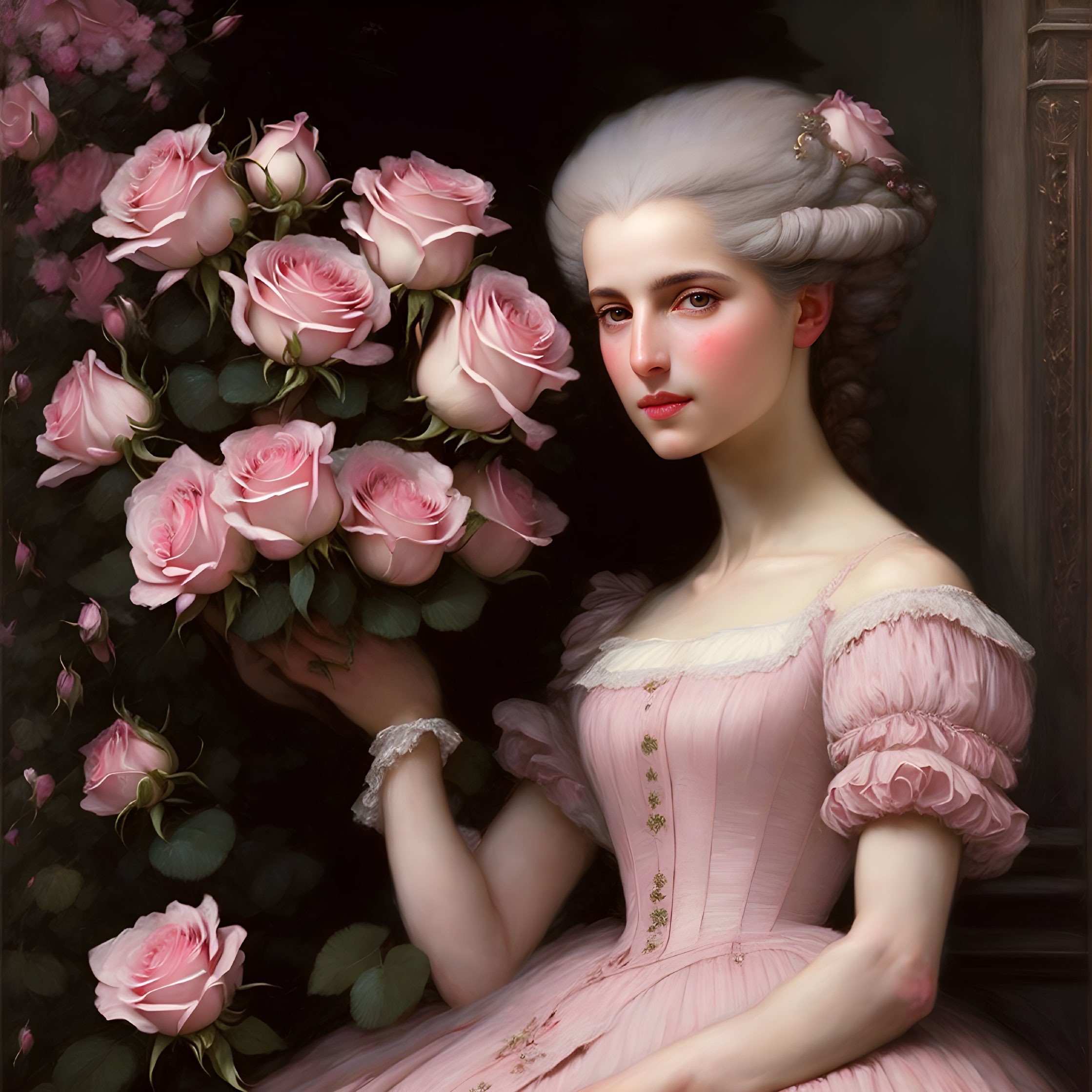 Portrait-style painting of woman in pink dress with pink roses bouquet