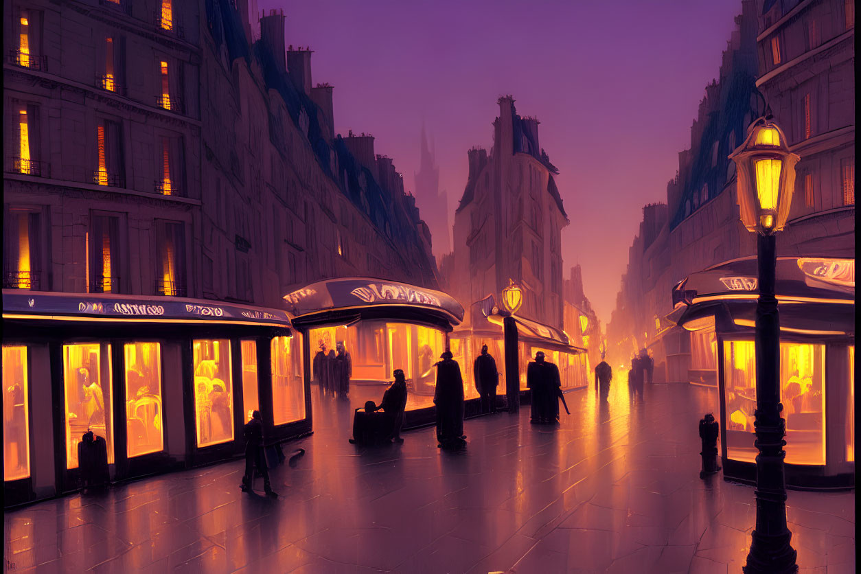 Purple-hued Cityscape at Dusk with Silhouettes