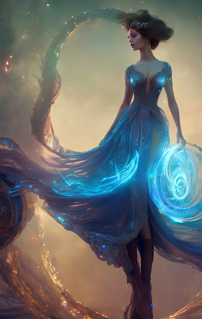 Woman in Blue Gown Surrounded by Magical Energy