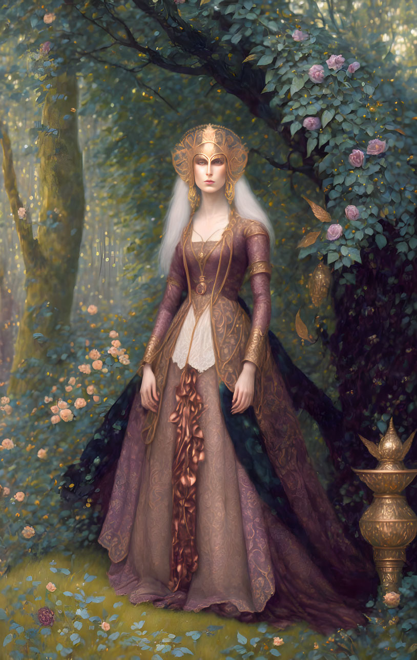 Mystical forest scene with ethereal woman in medieval gown