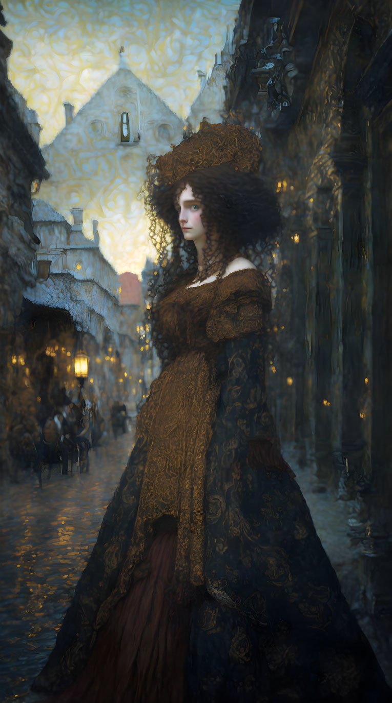 Victorian woman in golden gown on cobbled street with Van Gogh-like background