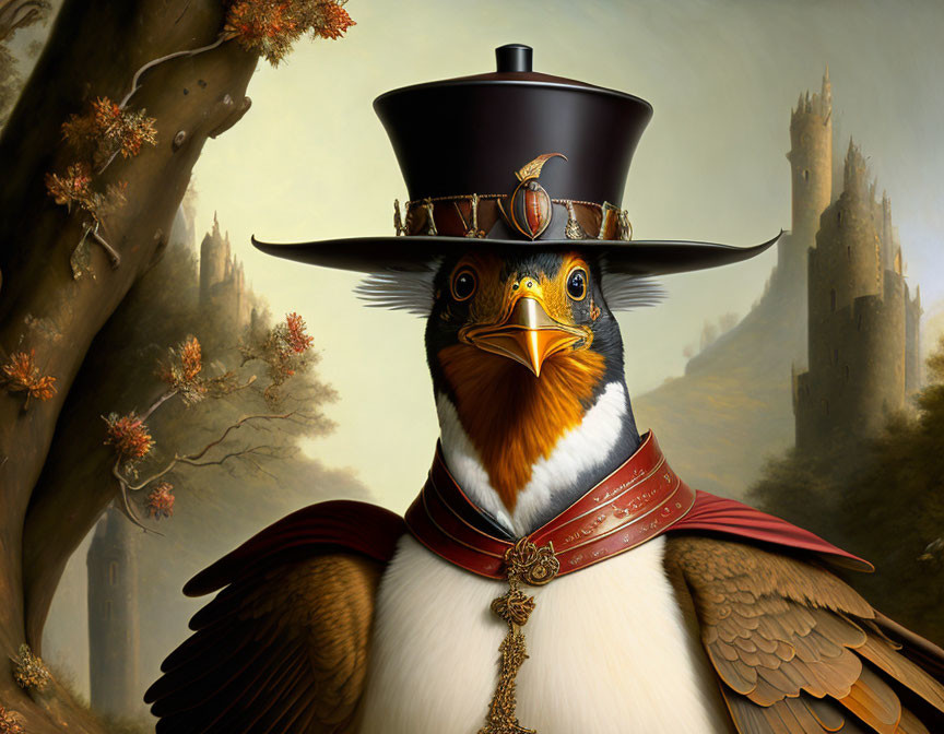 Victorian-dressed bird with monocle and top hat in autumnal setting