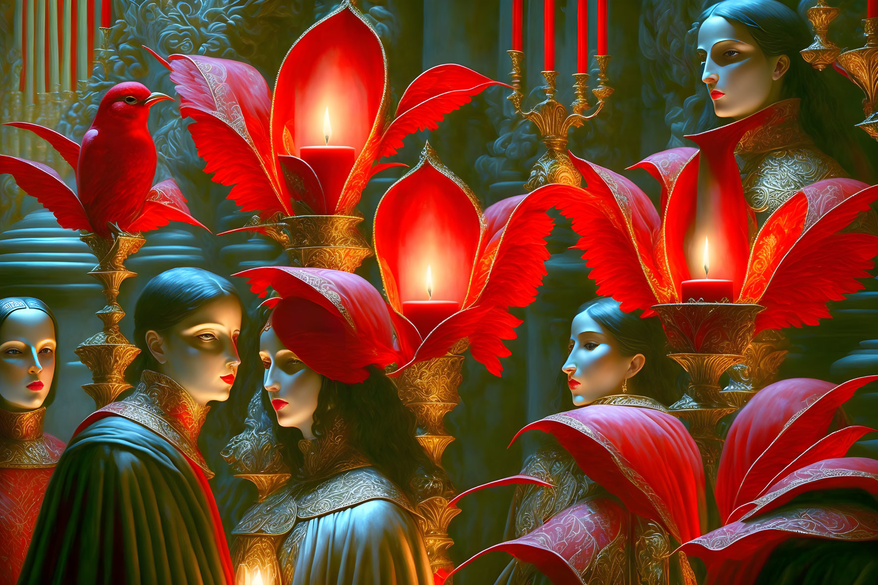 Colorful artwork: People in red costumes with feathers, candles, and a red bird.