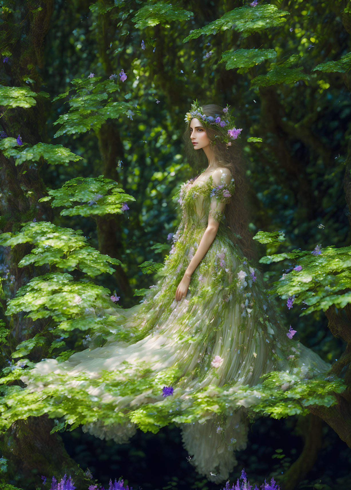 Woman in green flower dress in lush forest with filtered light