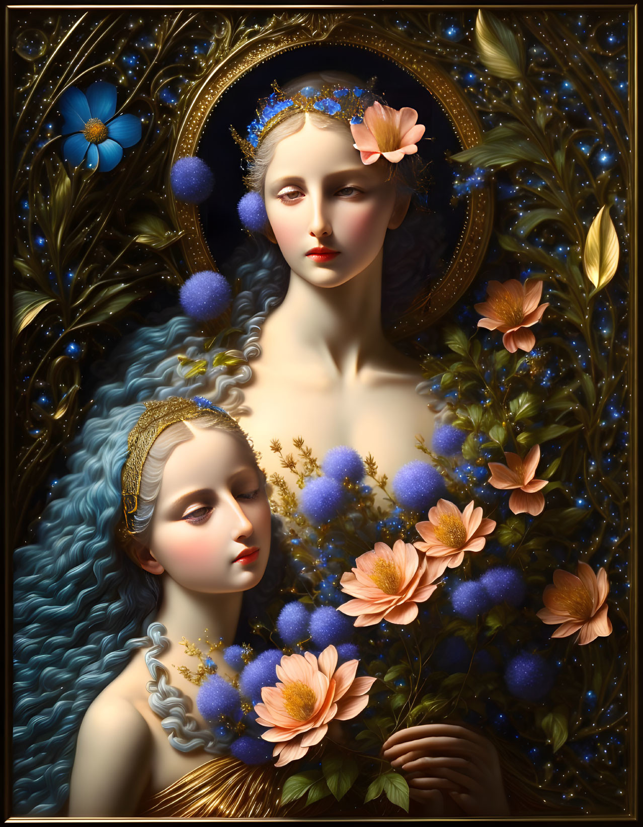 Digital Artwork: Two Women with Ornate Halos and Floral Elements