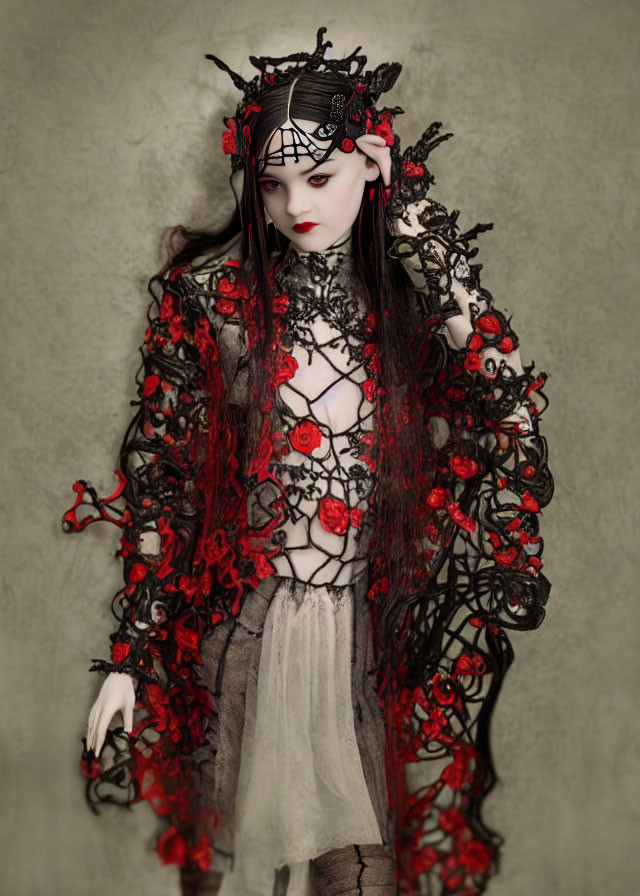 Gothic figure in black and red floral attire against muted backdrop