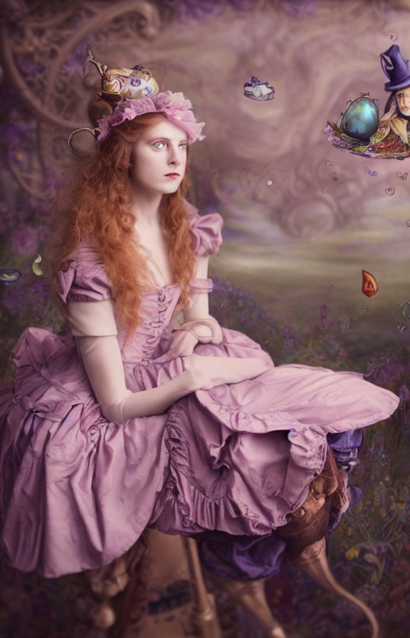 Whimsical portrait of a woman in lavender Victorian attire with floating teacups in dreamy purple