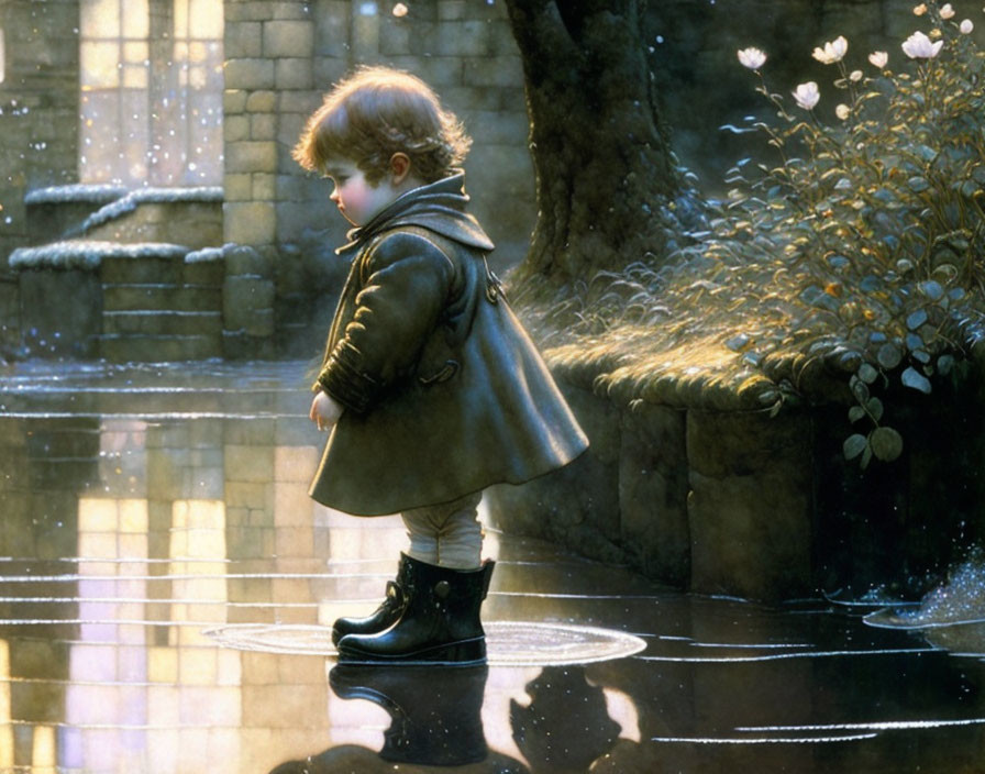 Child in coat and boots standing on reflective water surface with lush plants and sunlight.