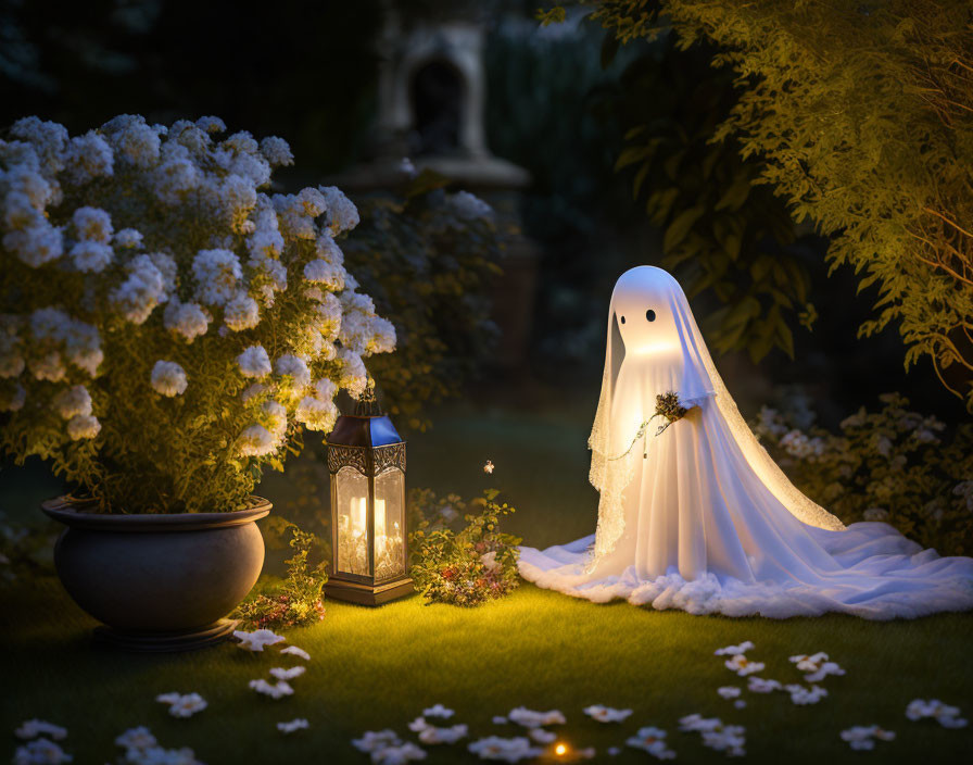 Ghostly figure with lantern in serene garden at dusk