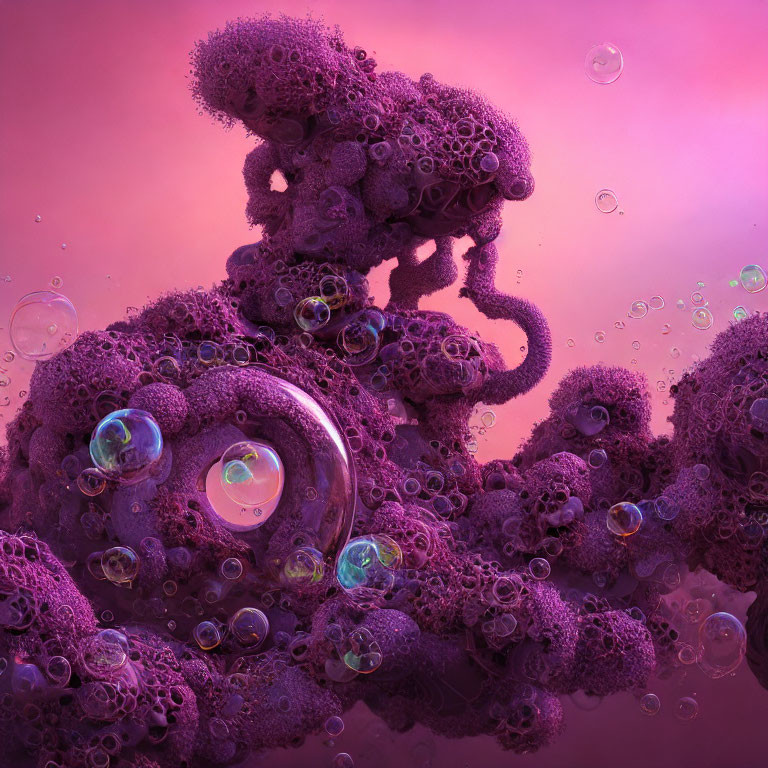 Swirling purple coral structures with iridescent bubbles on pink background