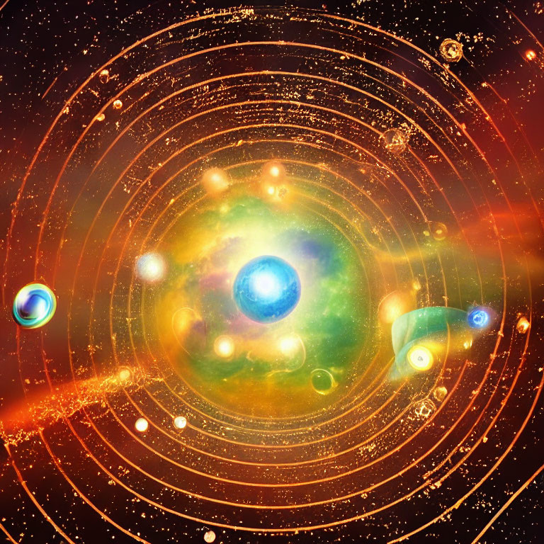 Vibrant digital artwork: Cosmic scene with glowing orb and celestial bodies