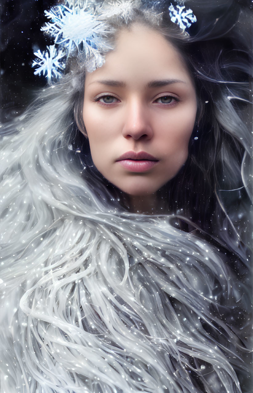 Contemplative woman in white fur-like garment under falling snow