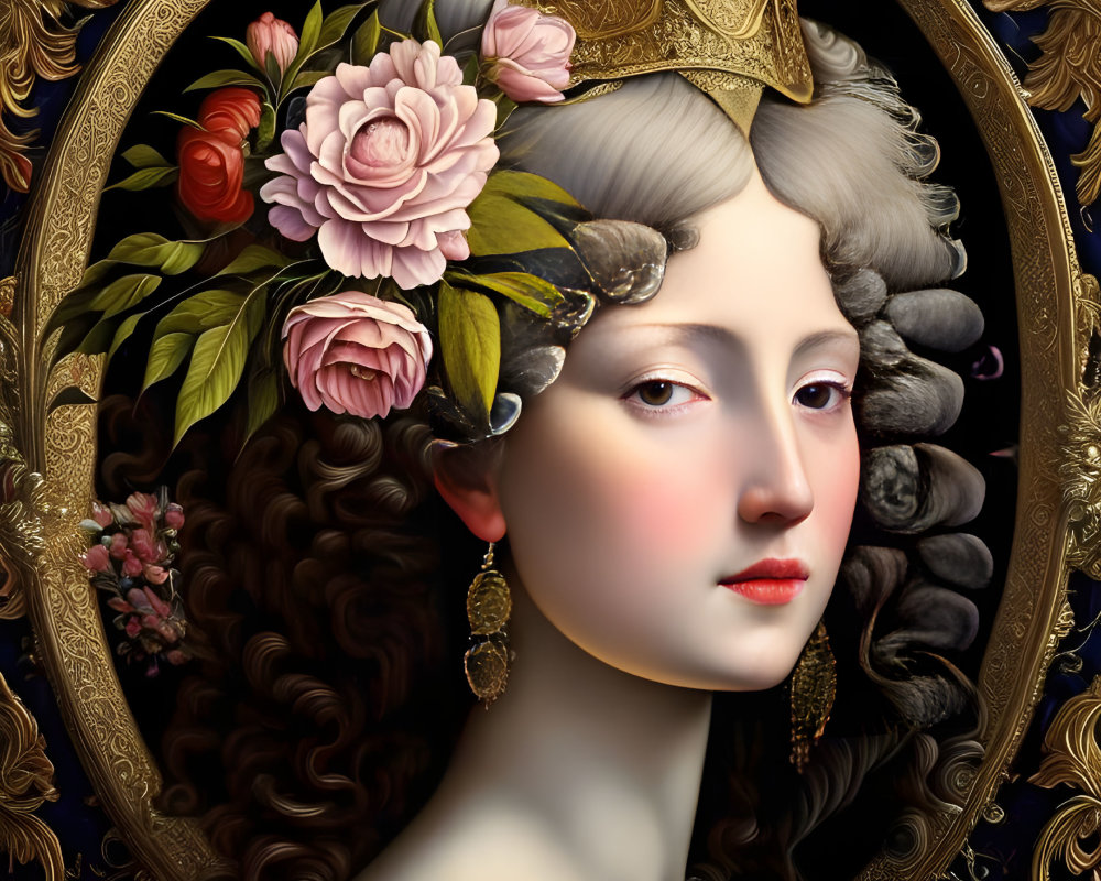 Detailed Artwork: Woman with Crown, Floral Hair Adornments, Wavy Locks, Fair