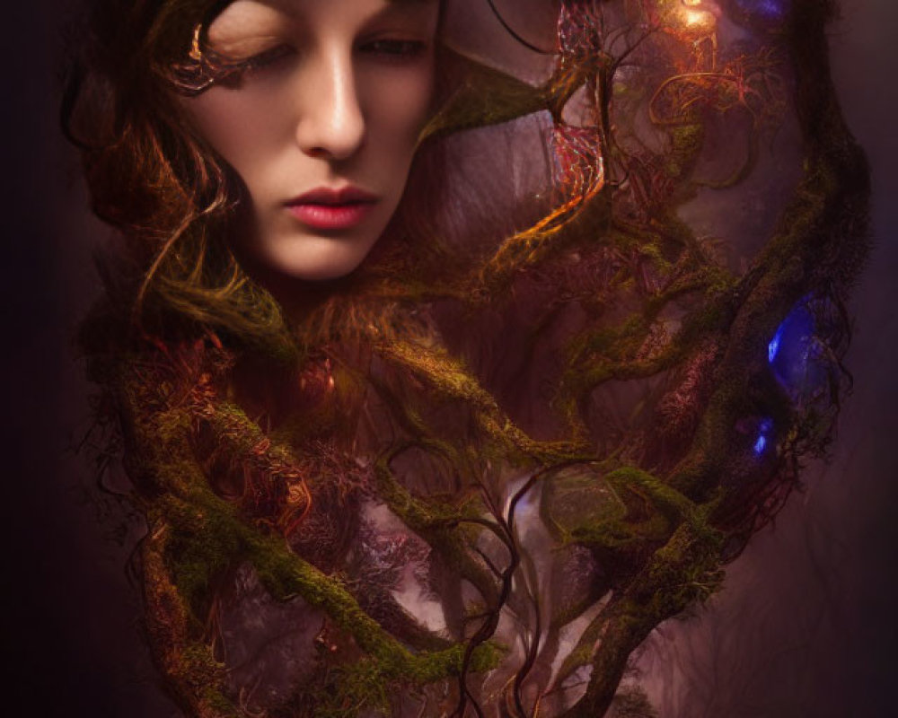 Surreal portrait of woman with obscured face and leaf crown on dark background