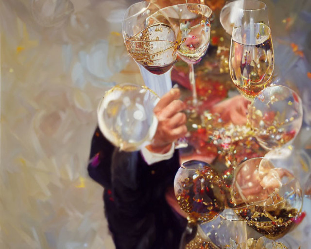 Colorful Painting of Toasting Wine Glasses with Hands and Sparkles