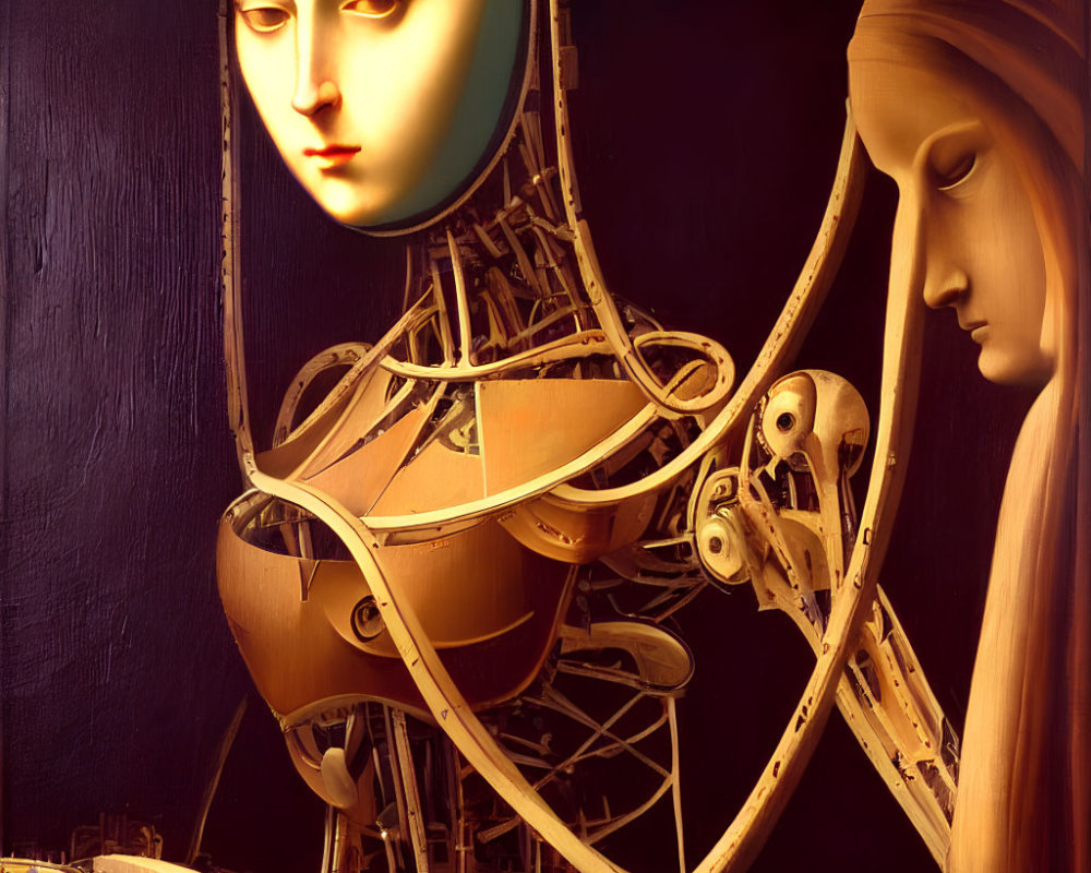 Robotic Mona Lisa with intricate mechanical parts beside shadowed figure