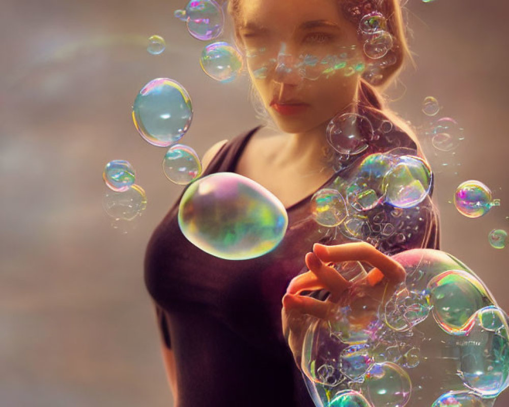 Light Brown-Haired Person Surrounded by Iridescent Bubbles on Warm-Toned Background