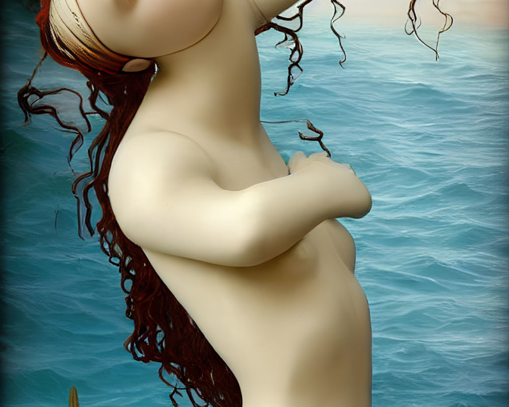 Mermaid with Red Hair and Green Eyes in Ocean Setting