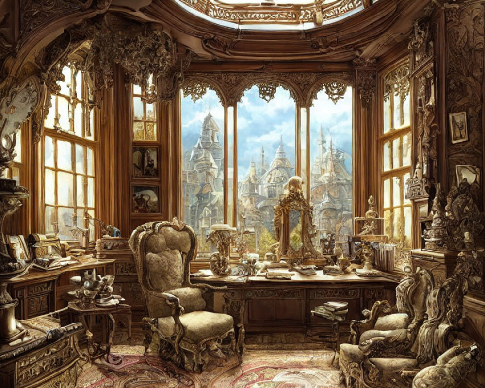 Wood-paneled study with armchairs and desk, overlooking fantasy cityscape through arched windows.