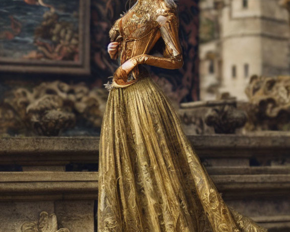 Doll in ornate gold dress with corset next to classical painting