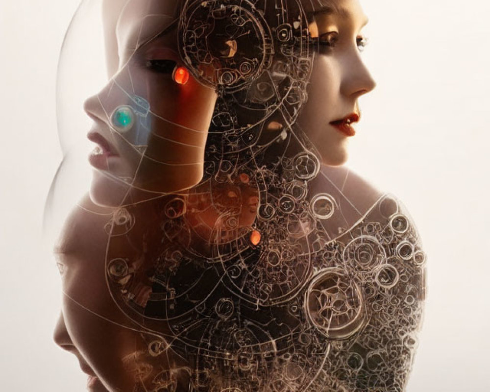 Digital artwork: Human profile merges with mechanical gears, glowing elements for surreal cyborg aesthetic