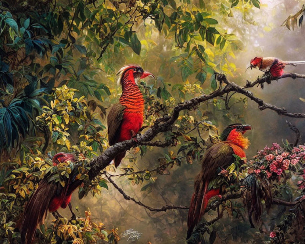 Vibrant Birds with Long Beaks in Lush Forest Setting