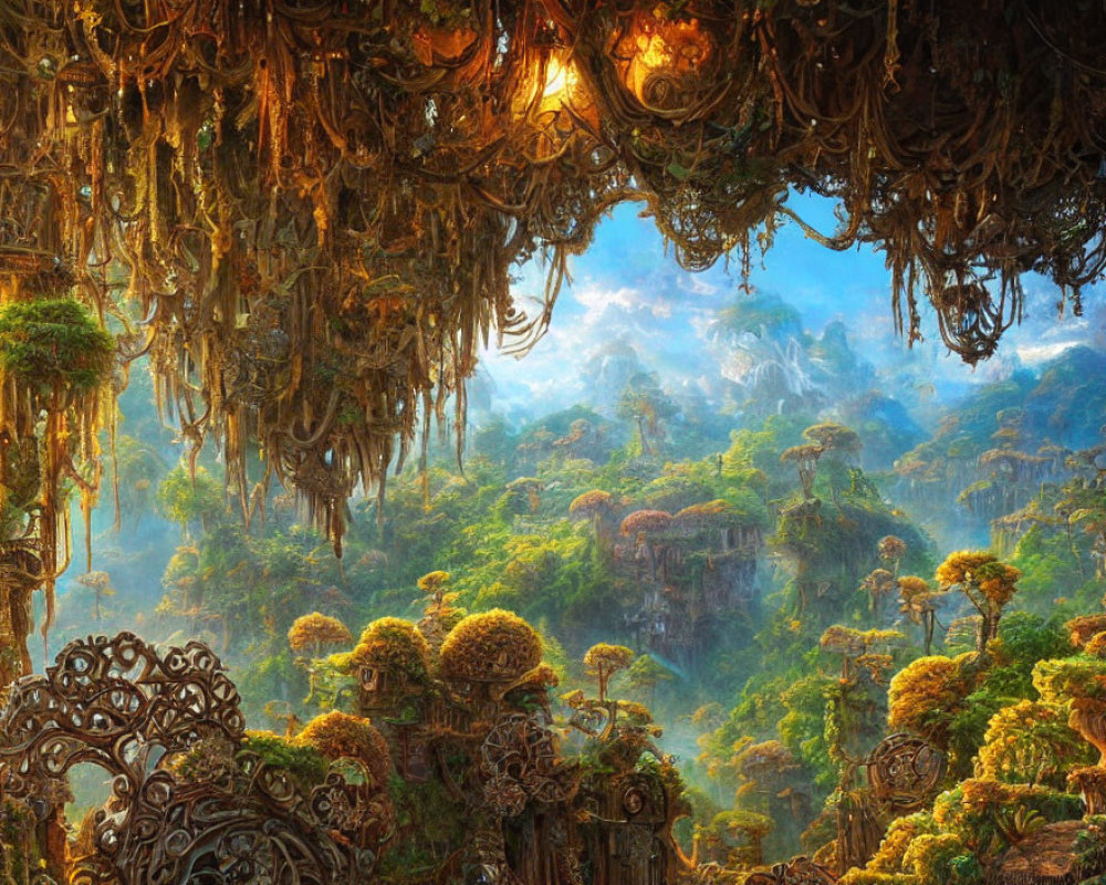 Fantastical landscape with lush forests and ornate structures