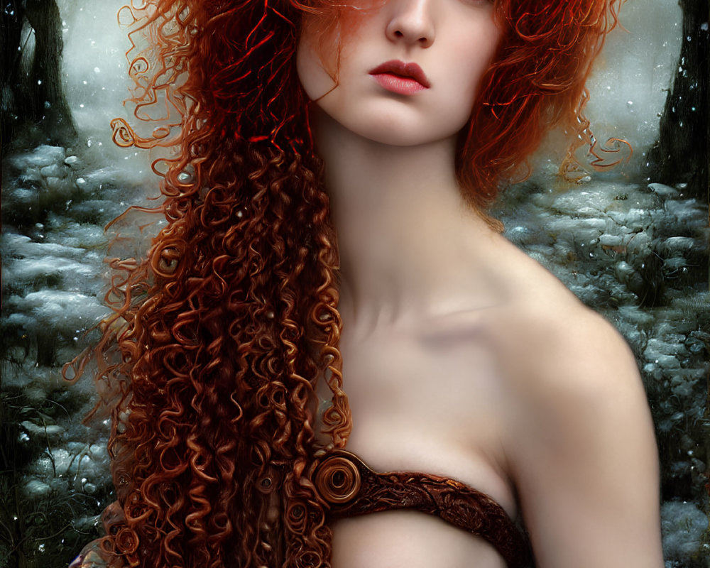 Digital portrait of woman with voluminous red hair in mystical forest