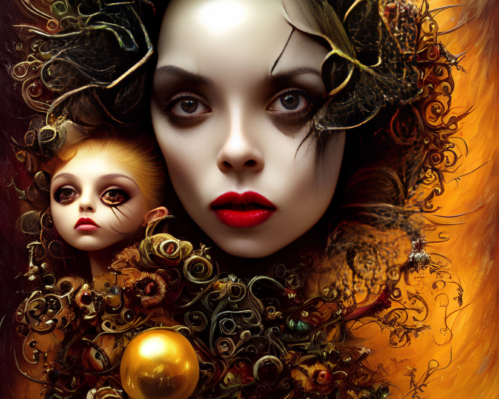 Elaborate surreal portrait with gold and bronze adornments in autumnal hues