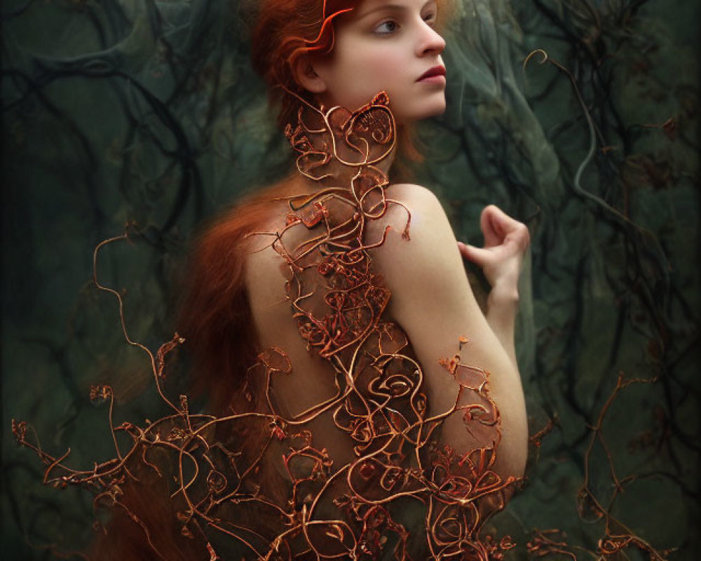 Fiery red-haired woman draped in copper wire against dark branches