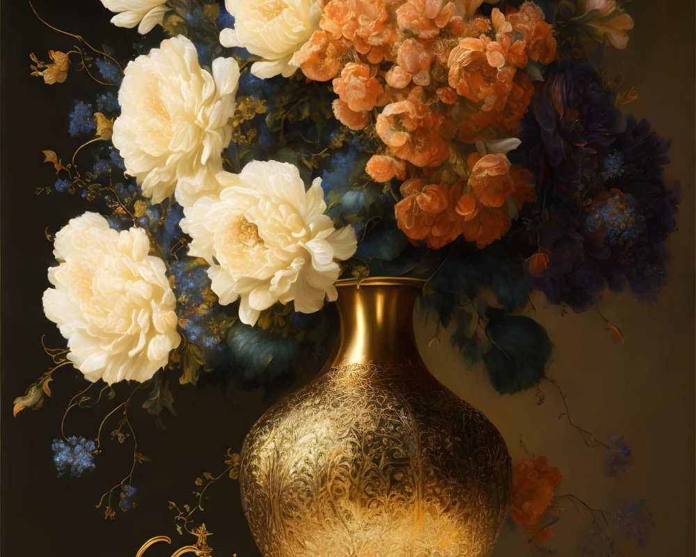 Golden vase with white and peach flowers on table with gold pitcher