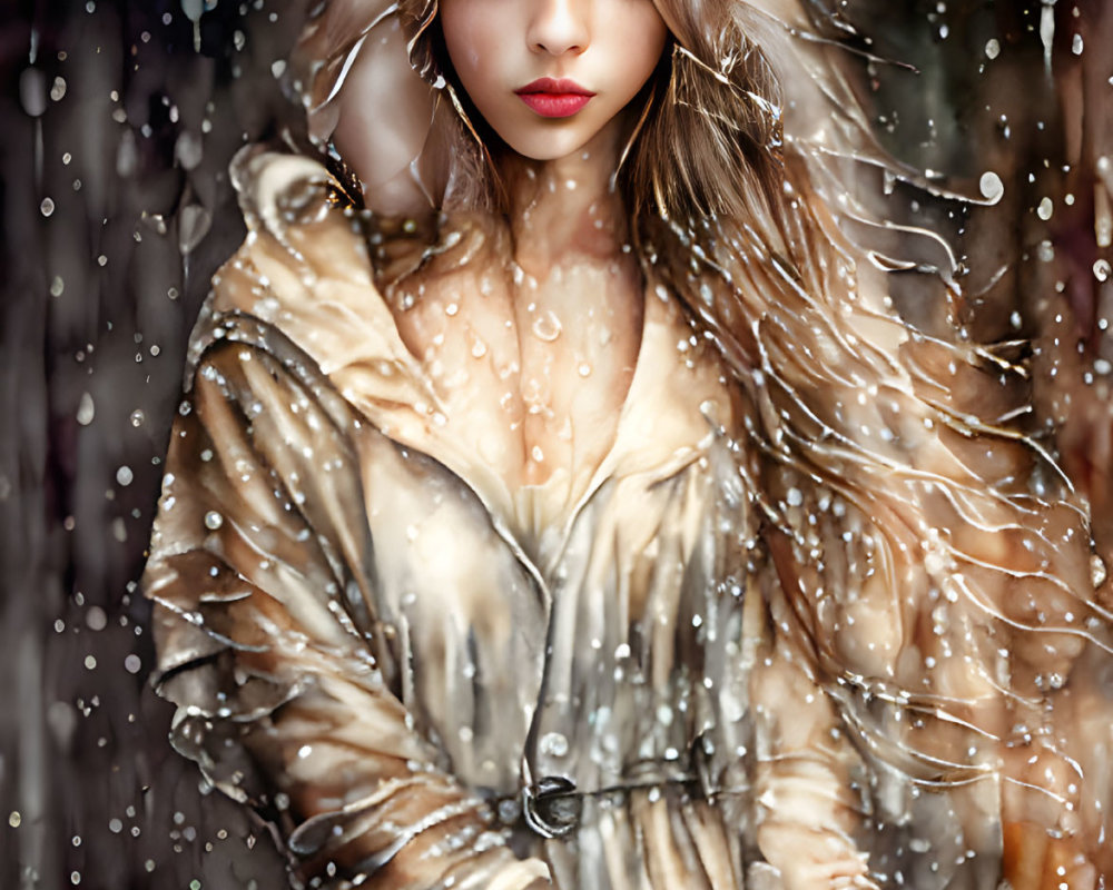 Serene young woman in light coat standing in rain