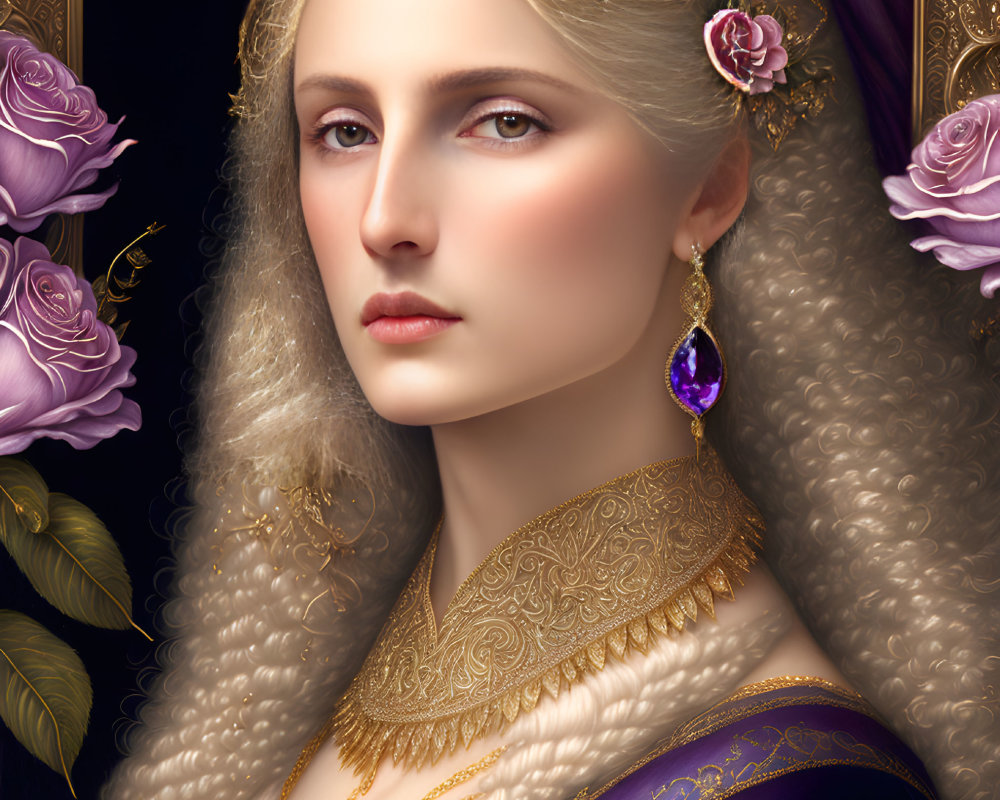 Regal woman with pale skin, long curly blonde hair, gold embroidery, purple fabric, and a