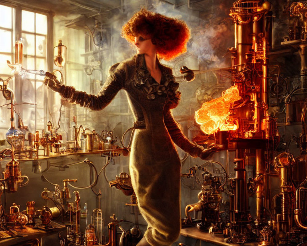 Fiery red-haired woman in steampunk laboratory with brass piping and glowing bulbs