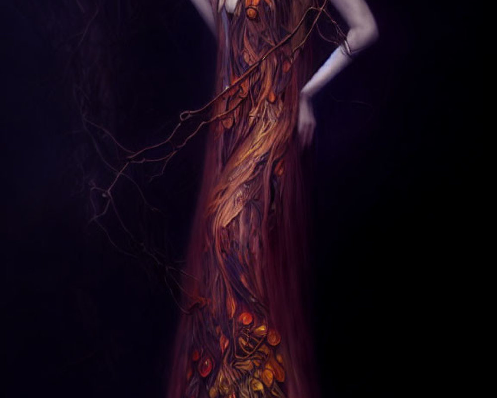 Mystical woman with red hair in autumn-themed gown against dark backdrop