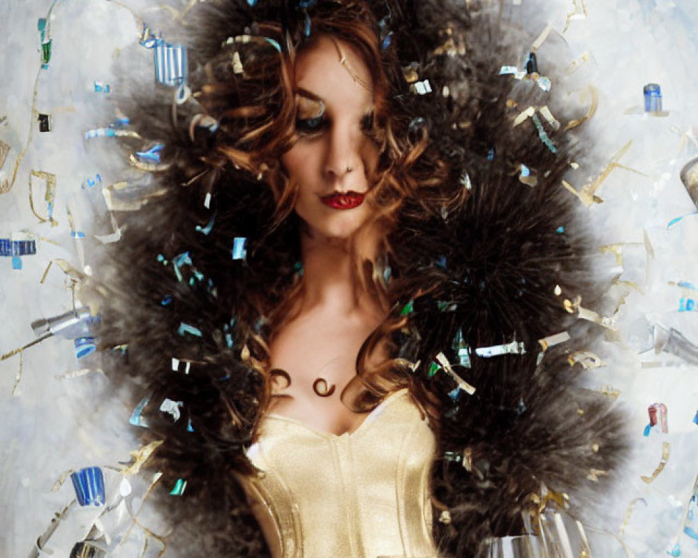 Curly-haired woman in gold dress with champagne glasses and confetti.