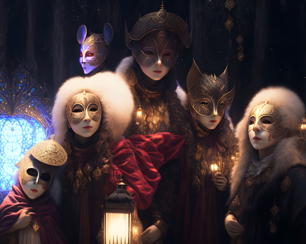 Group of People in Opulent Venetian Costumes with Intricate Masks in Dimly Lit Setting