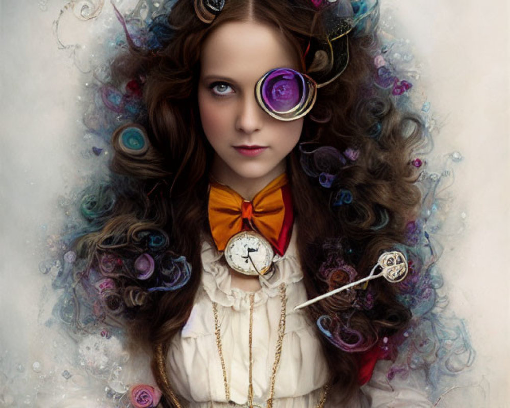 Portrait of a girl with roses, gears, monocle, and timepiece