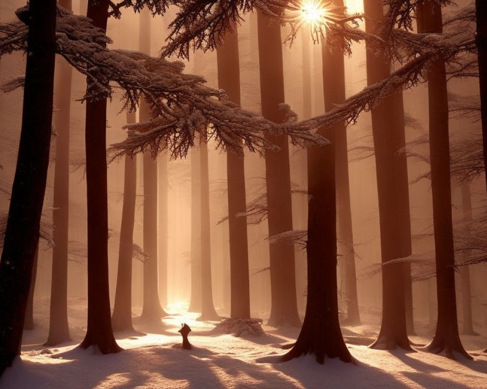 Snowy Forest with Tall Trees, Sunbeams, and Lone Figure