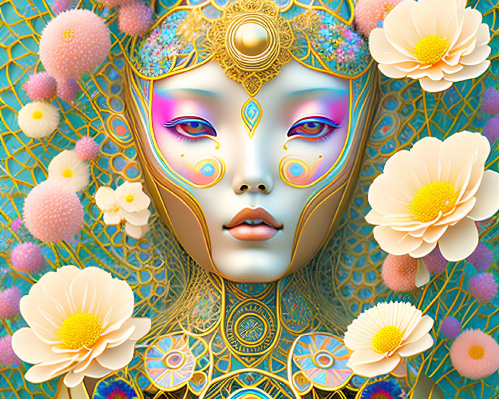 Digital Artwork: Female Figure with Golden Patterns and Floral Surroundings