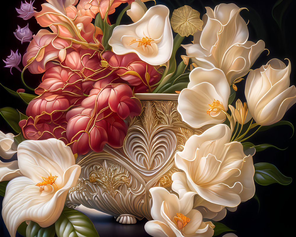 Digital artwork: Lustrous oversized flower bouquet in white, peach, and red with golden details on