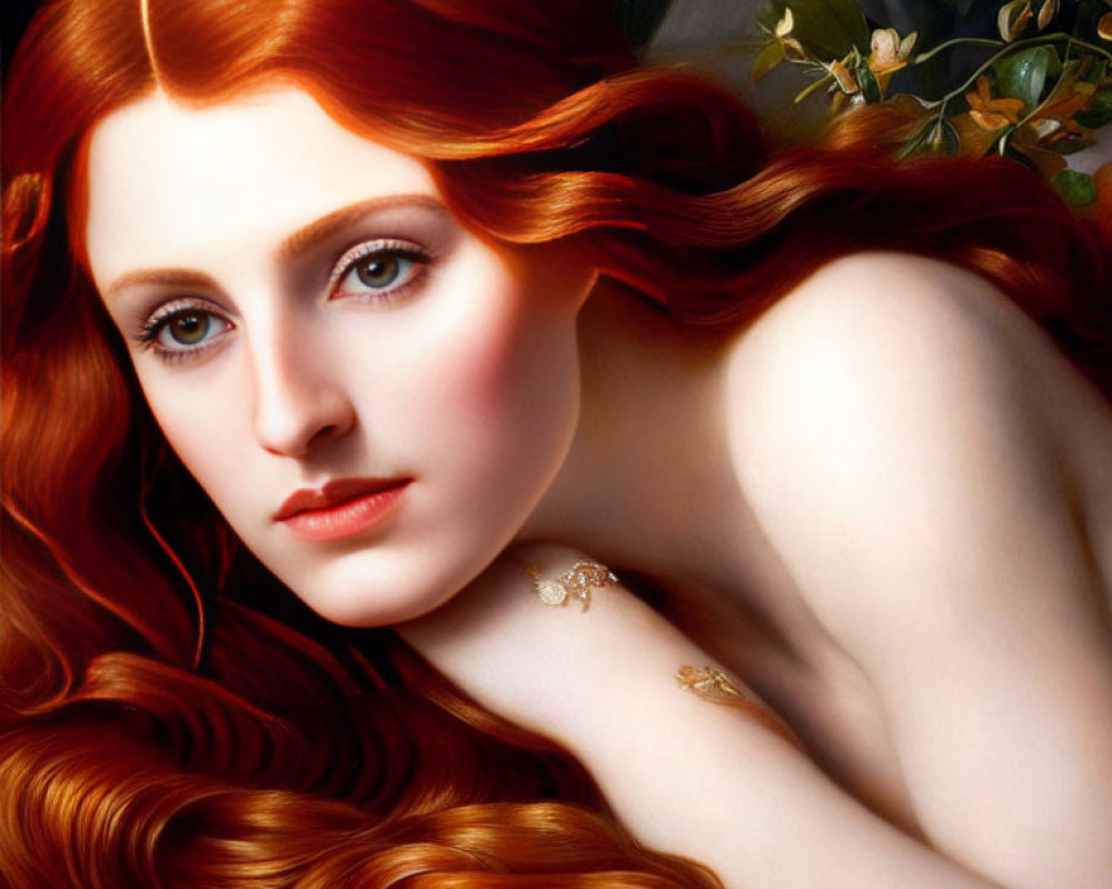 Portrait of Woman with Long Red Hair and Hazel Eyes in Golden Jewelry