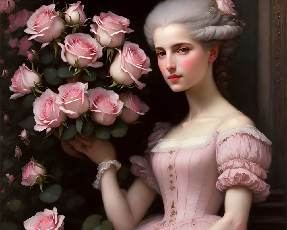 Portrait-style painting of woman in pink dress with pink roses bouquet