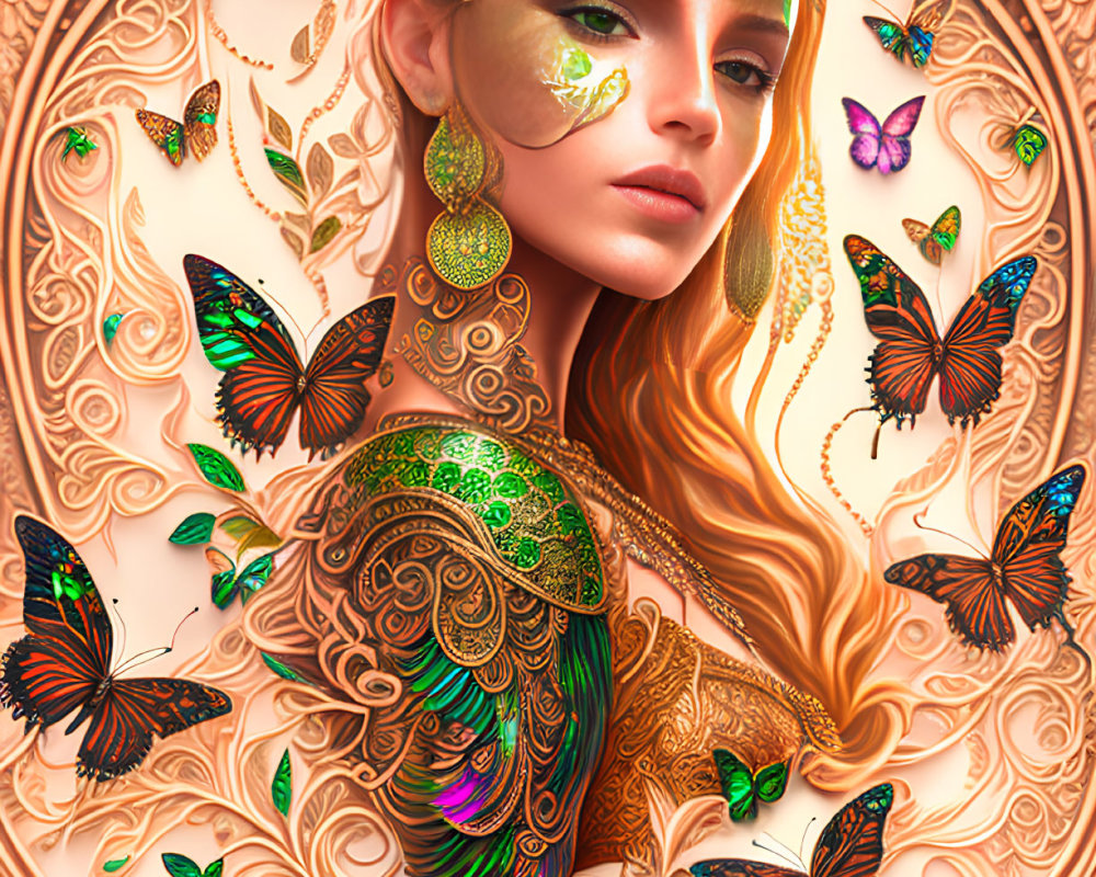 Vibrant digital artwork: Woman with golden hair, peacock attire, butterflies, ornate background